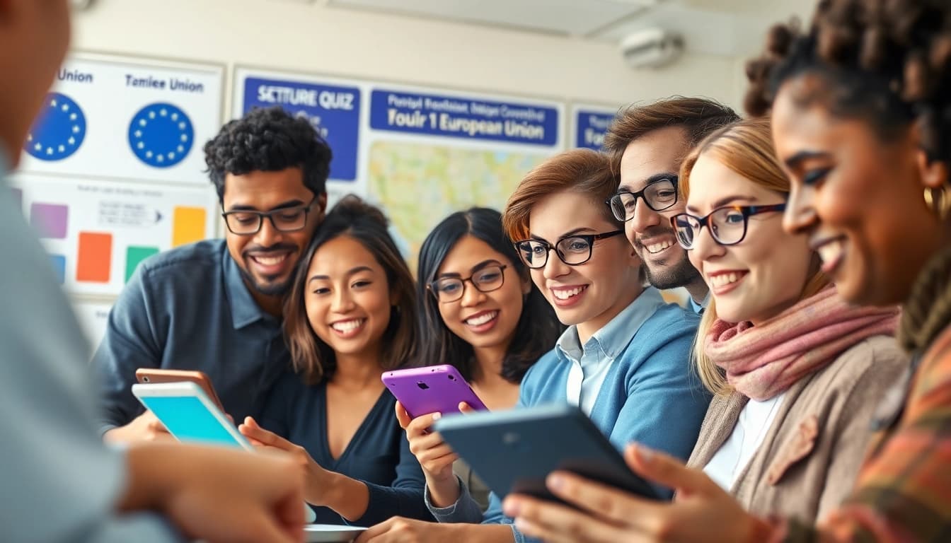 Interaktive Teilnehmer des Quiz zur Europäischen Union mit digitaler Technologie.