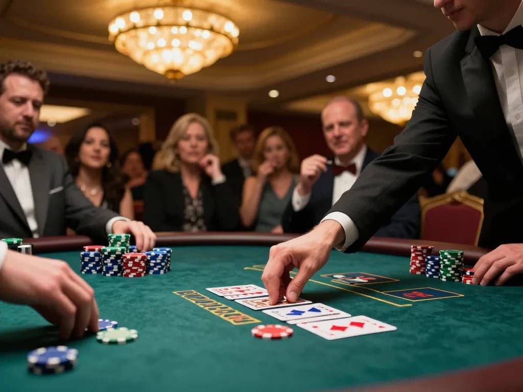 MB66 players enjoying an exciting blackjack experience with chips stacked and cards in play at a vibrant casino.