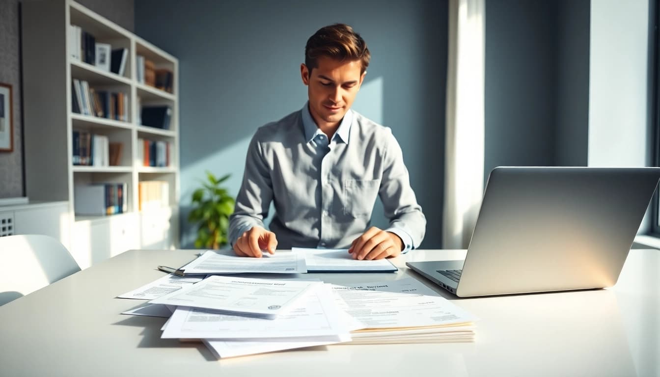Professioneller zertifizierter Übersetzer prüft Dokumente für beglaubigte Übersetzungen in einem modernen Büro.