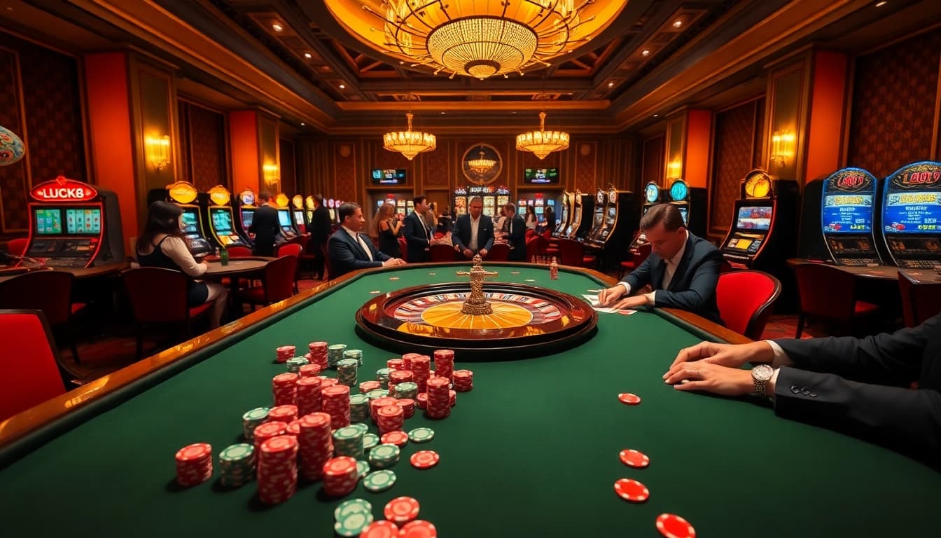 Người chơi đang tham gia một trò chơi casino LUCK8, được bao quanh bởi những chip sặc sỡ và bánh xe roulette.