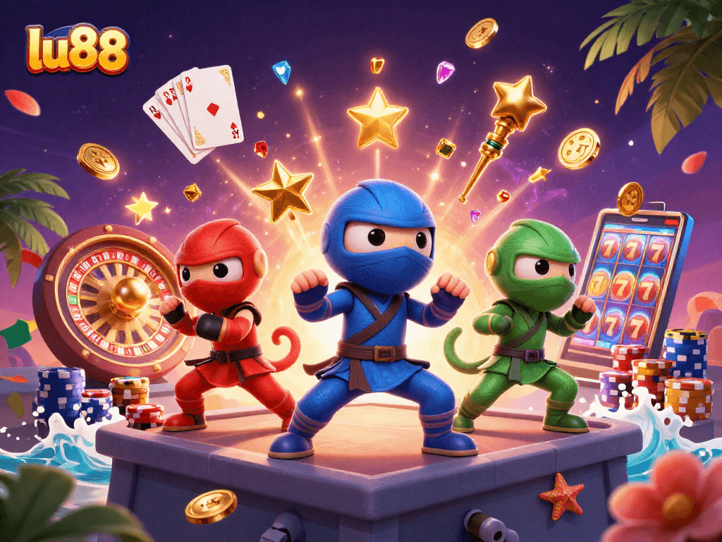 Experience thrilling gameplay at lu88 as ninja chameleons unleash their skills amidst cascading coins and vibrant casino elements.