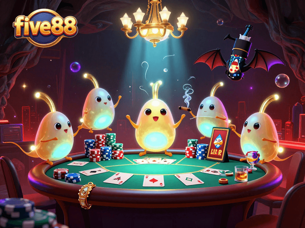 Experience the excitement of five88 with glowworms lighting a cave casino scene featuring poker and vibrant game elements.