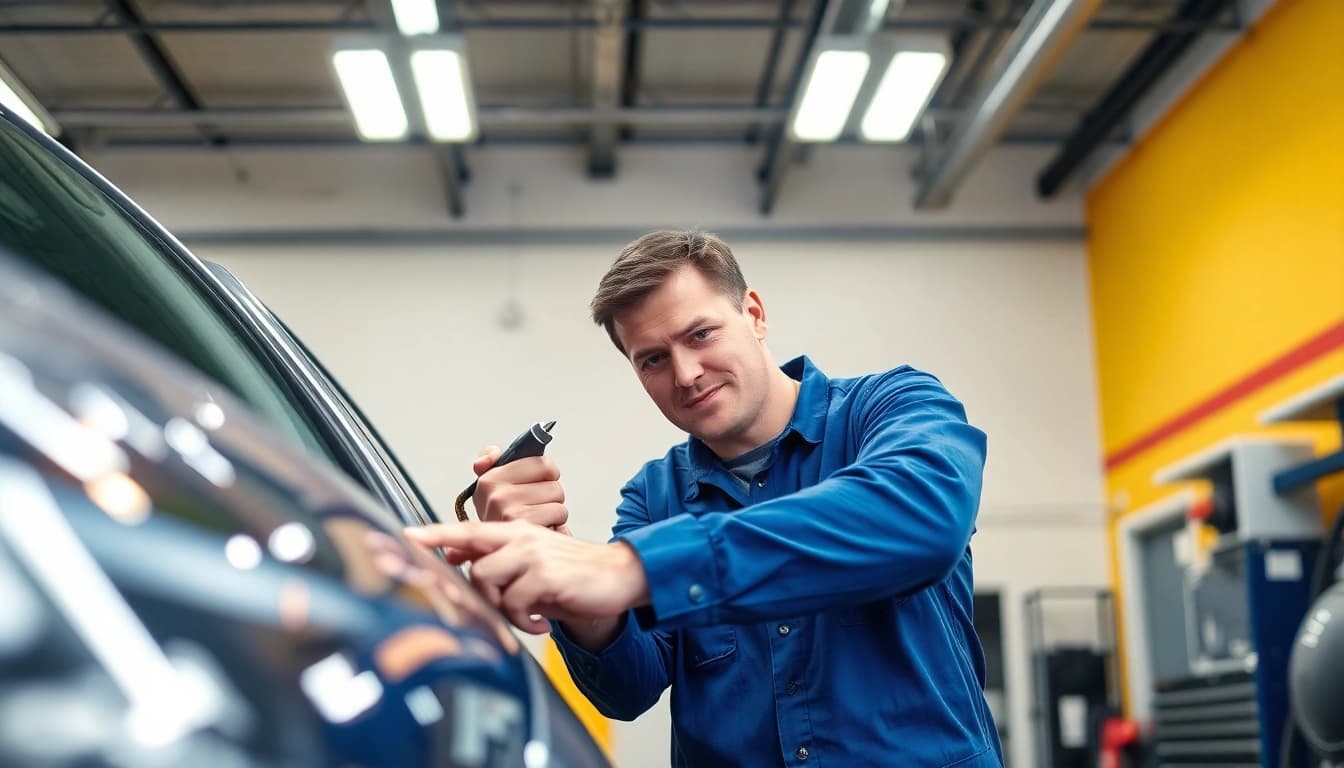 Mechaniker führt eine Hagelschaden Reparatur München durch und entfernt Dellen von einem Fahrzeug.