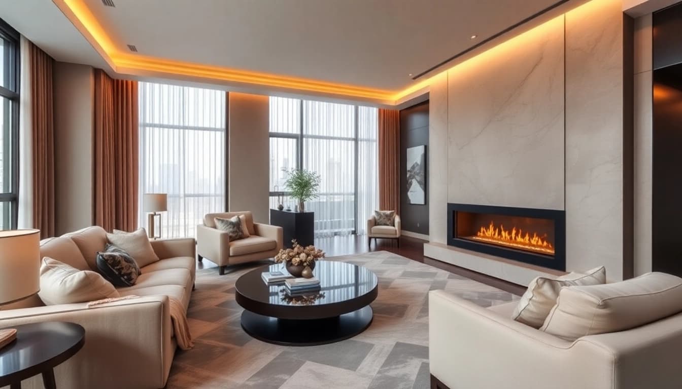 Luxury living room showcasing plush furniture and elegant decor creating a sophisticated atmosphere.