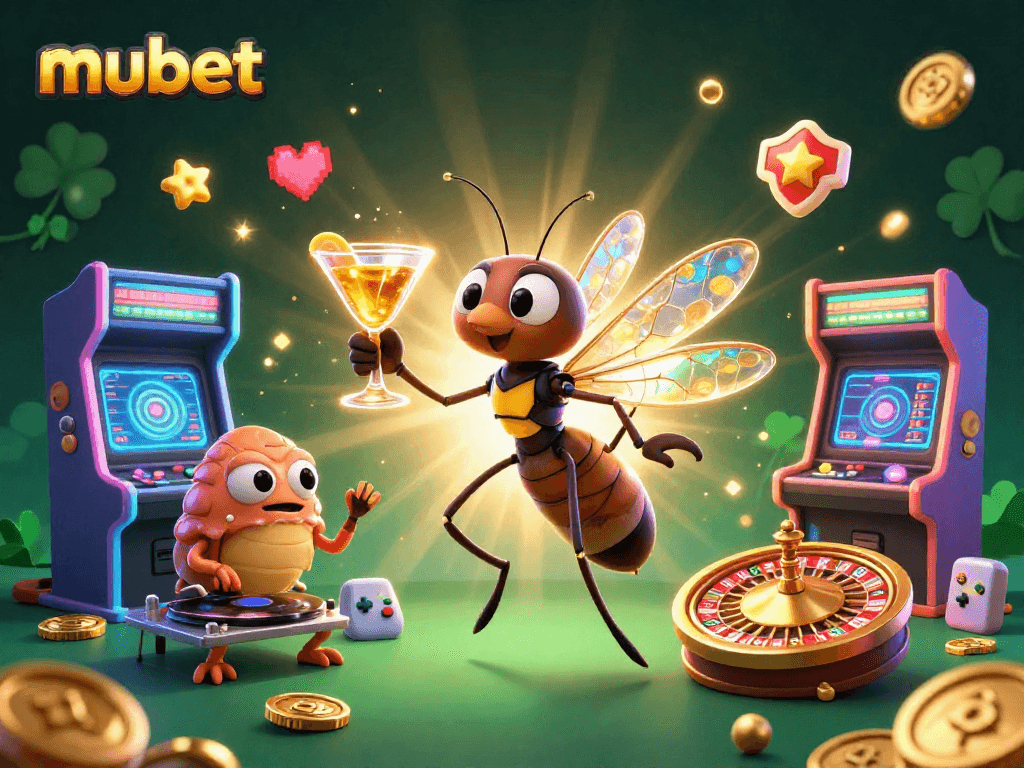 Experience exciting games at mubet with a lively casino mascot, vibrant colors, and dynamic gaming elements.