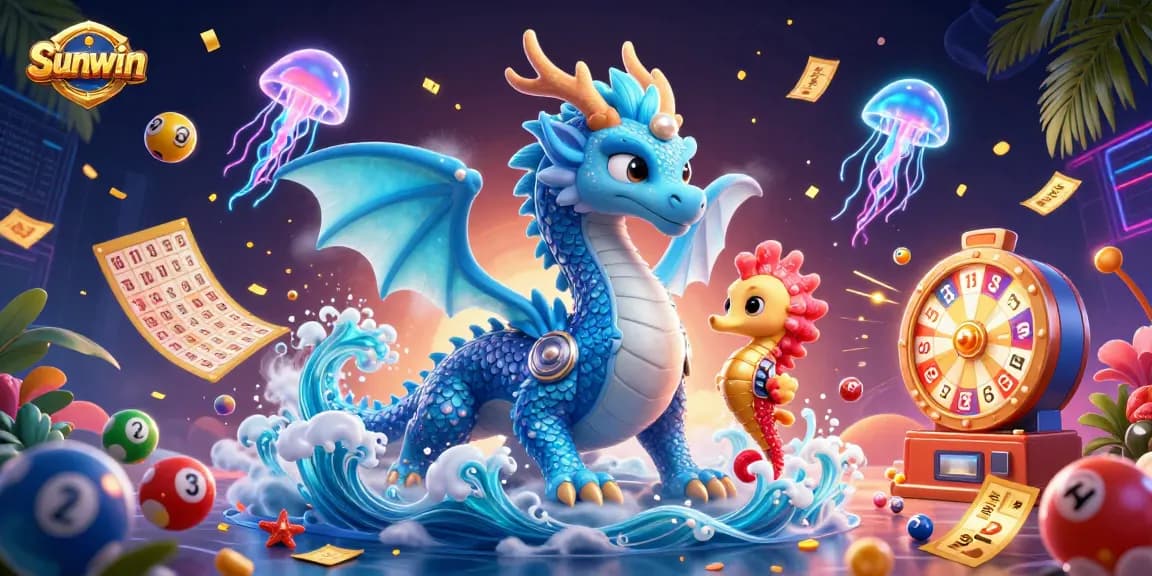 Sunwin's thrilling casino experience featuring an azure dragon and seahorse knight amidst lively lottery elements.