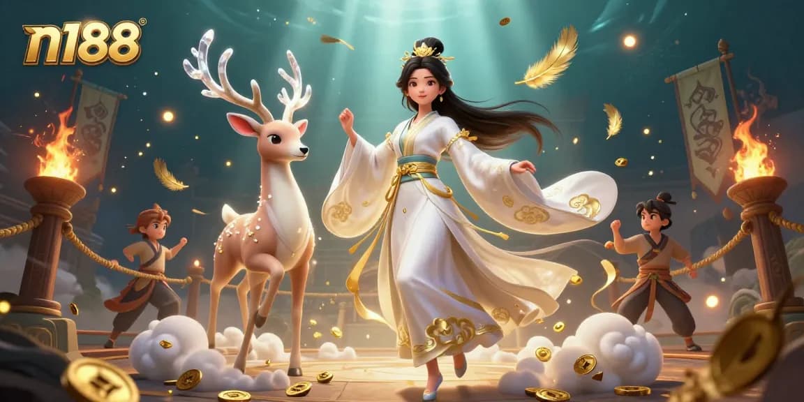 Engage in exciting gameplay at n188, showcasing vibrant casino elements with stunning visuals and unique characters.
