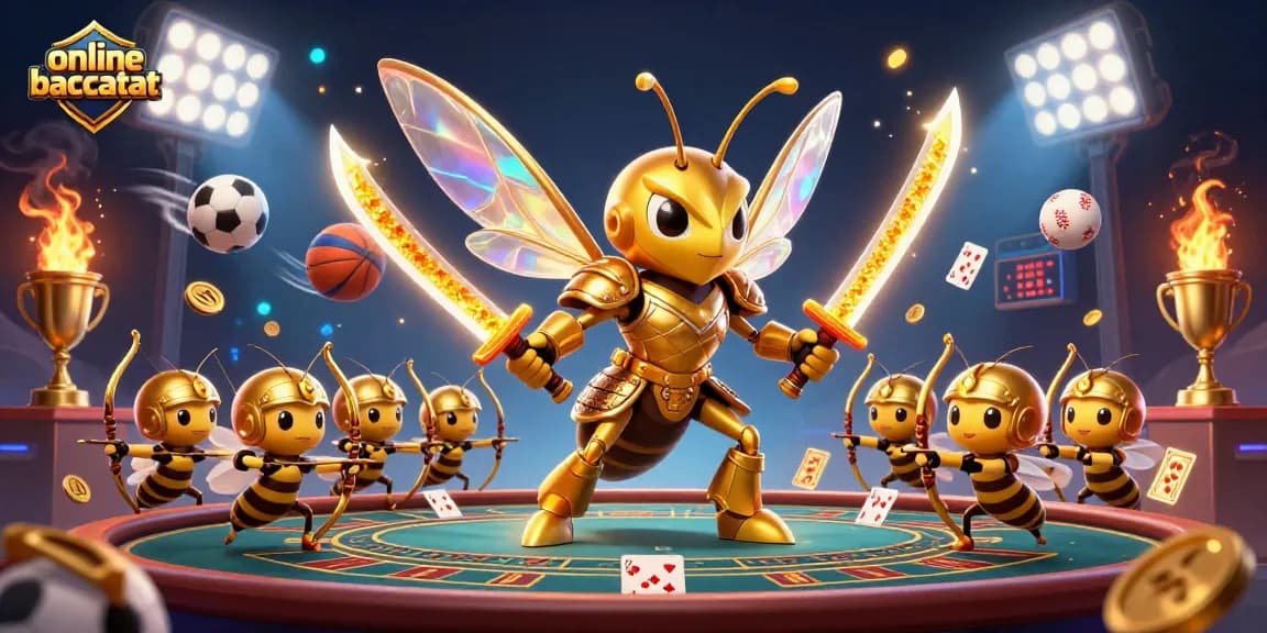 Engage in online baccarat with colorful 3D characters and dynamic elements in this action-packed illustration.