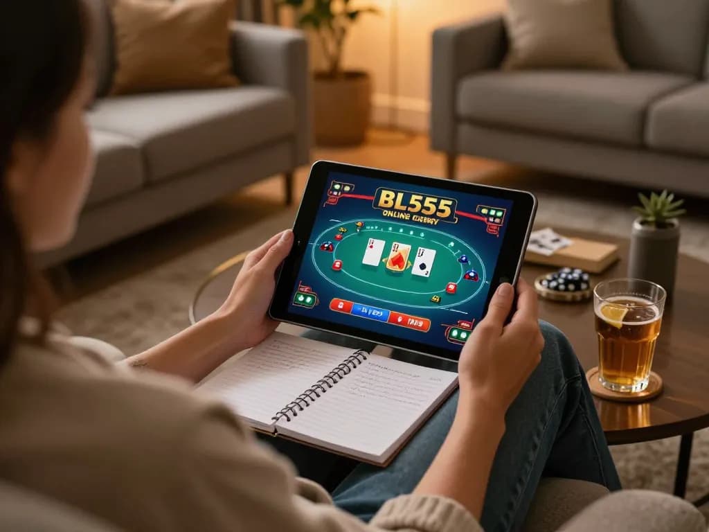 Engaged player enjoying online gaming at BL555 on tablet, showcasing cozy environment and strategy