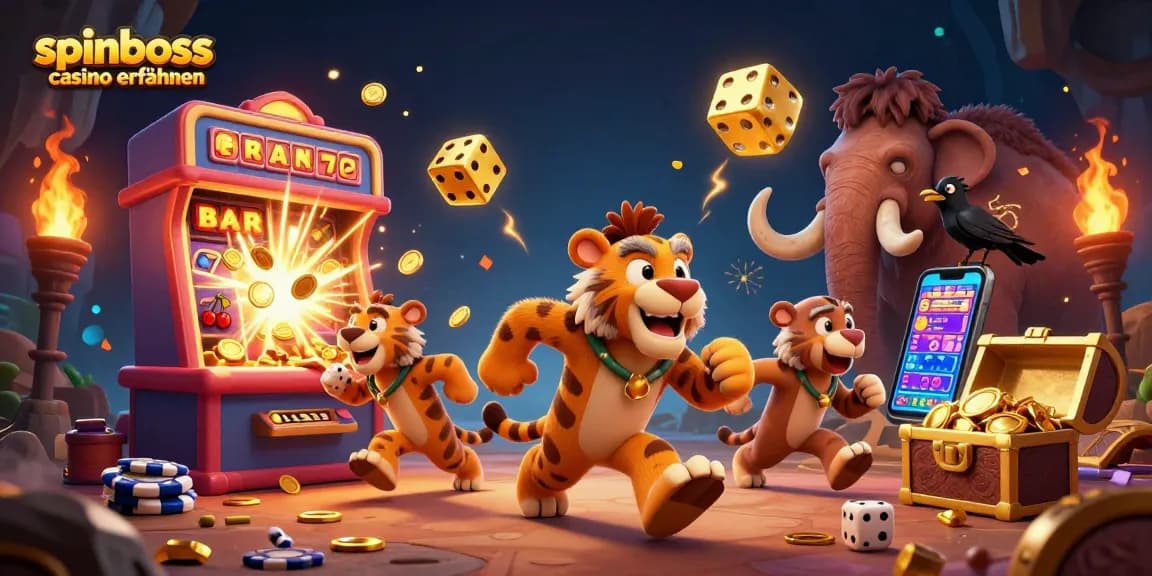 Die SpinBoss Casino Erfahrungen zeigen lebendige Szenen aus einem prähistorischen Casino mit aufregenden Spielmomenten.