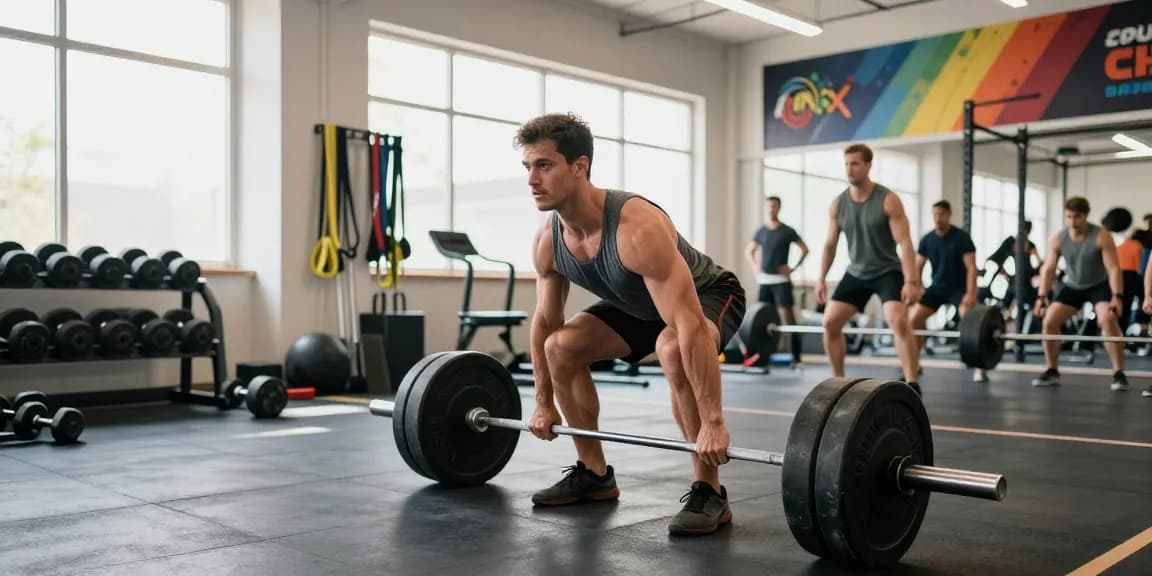 Bodybuilder lifting weights in a bright gym at Anabolika Shop, showcasing strength and determination.