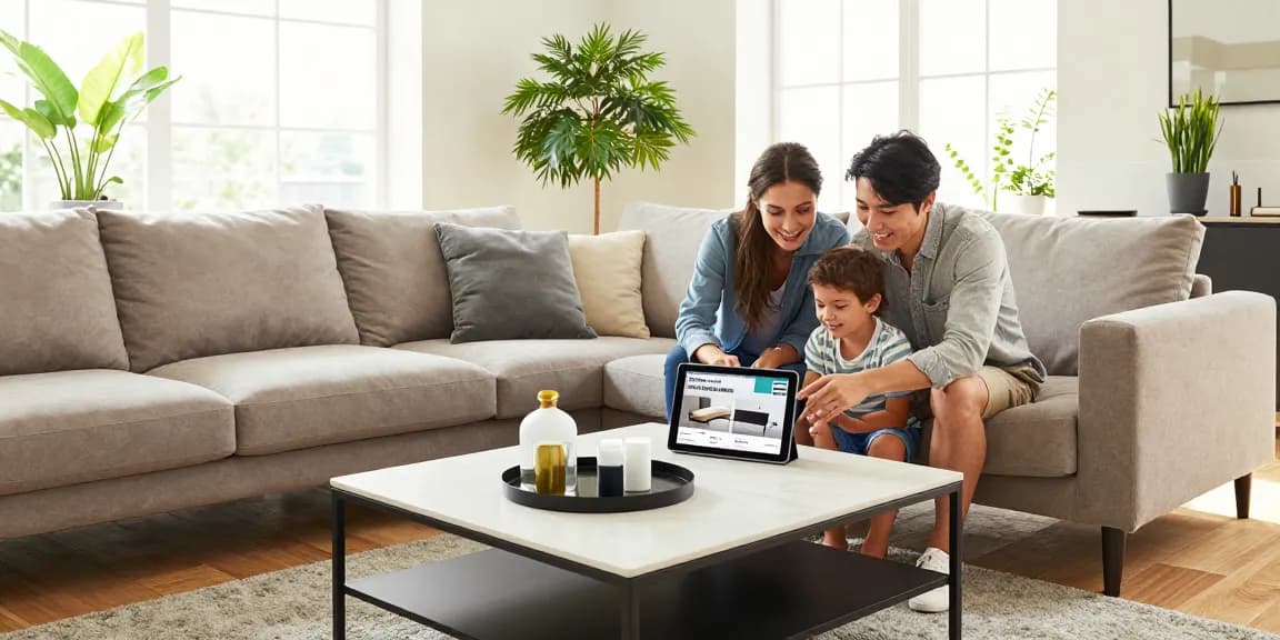 Modernes Wohnzimmer mit Familie, die sich mit wohnmöbel online kaufen beschäftigt und stilvolle Möbel sowie eine helle Atmosphäre präsentiert.