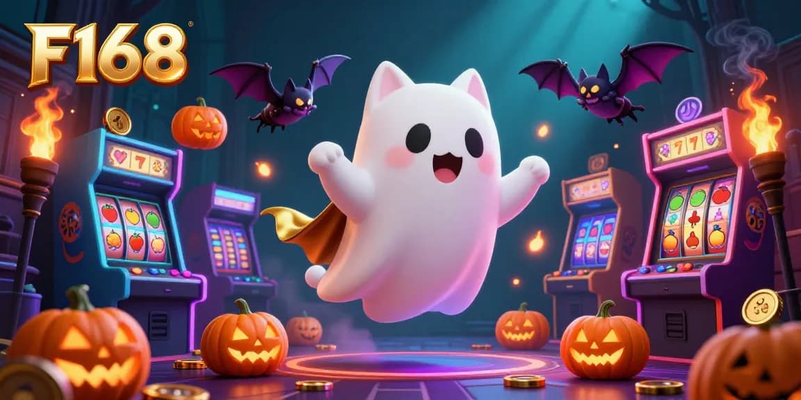 Experience thrilling gameplay at F168 with a vibrant casino scene featuring a ghost cat, vampire bat, and glowing slot machines.