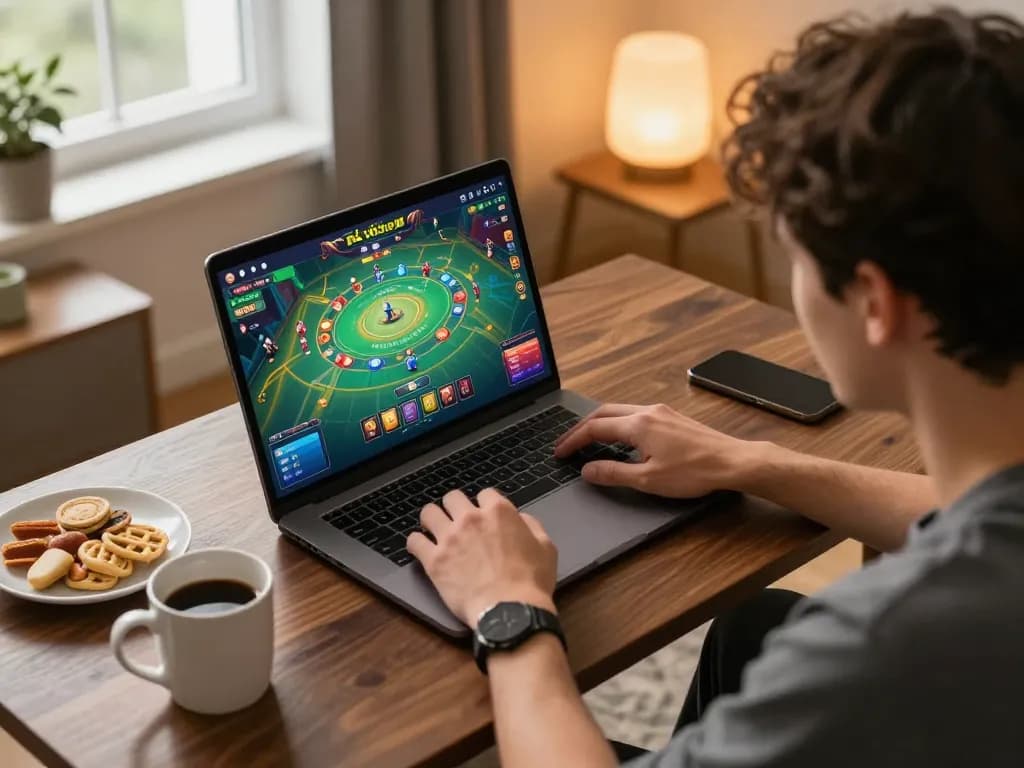 Engaging moment of playing game tài xỉu on a laptop in a cozy home setting, highlighting online gaming experience.