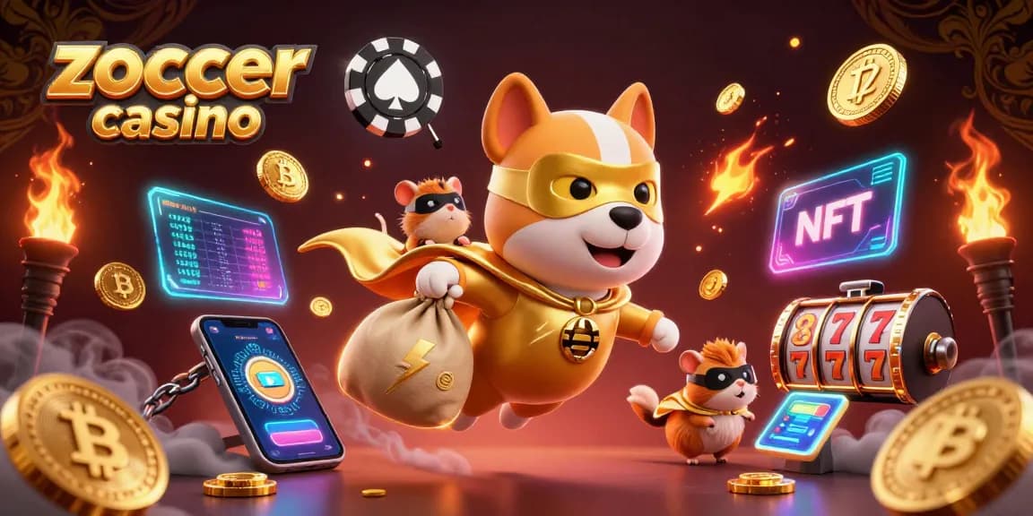 Gamble and win big at zoccer casino with dynamic, vibrant 3D illustration featuring playful characters.