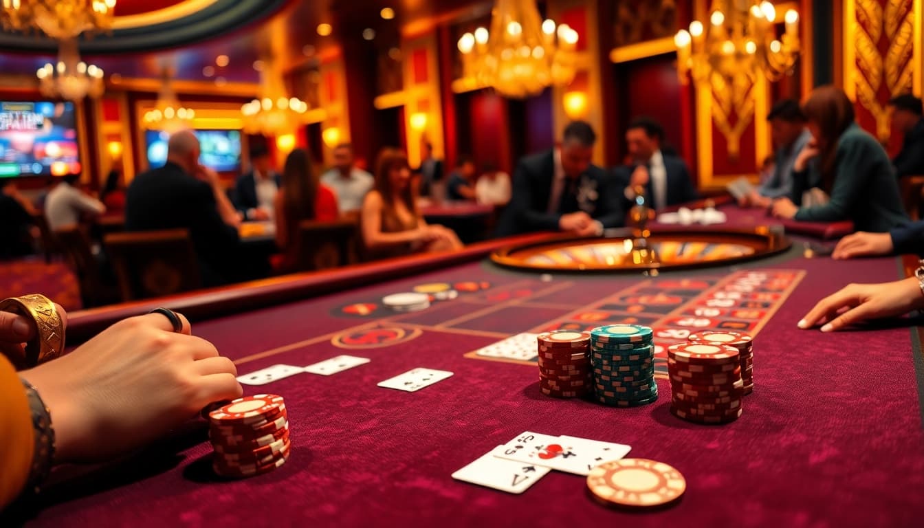 B52club players strategizing at a luxury poker table in an upscale casino environment.