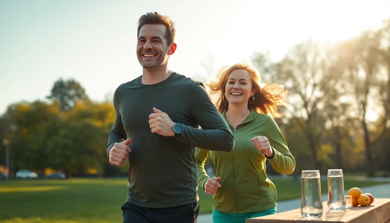 Junger, aktiver Mann und Frau joggen im Park und feiern ihren Gewichtsverlust durch gesunde Lebensstilentscheidungen.