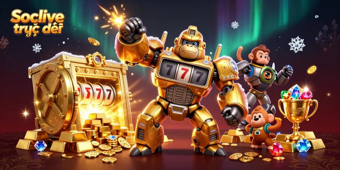 Experience Socolive trực tiếp through an exciting 3D illustration featuring a golden gorilla mech surrounded by vibrant casino treasures.