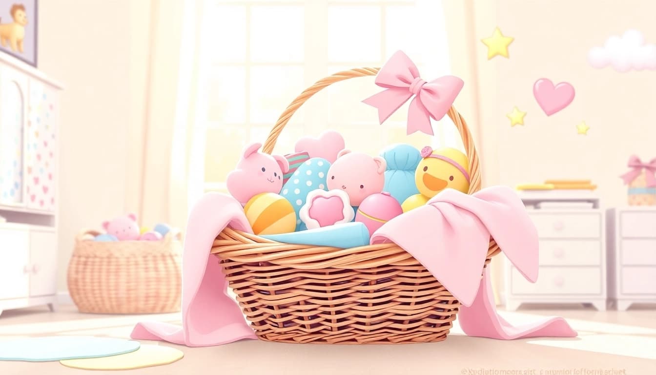 Gestaltung von Geschenkideen zur Geburt mit einem bunten Babygeschenkkorb voller Spielzeuge.