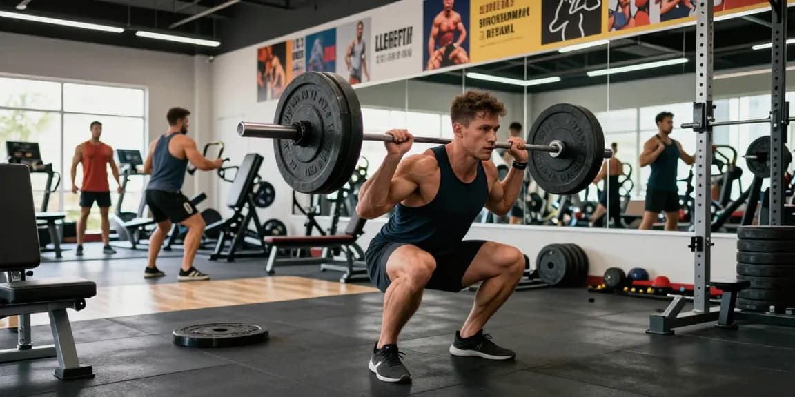Anabolika Shop Deutschland, maßgeschneidert für Bodybuilding, zeigt einen entschlossenen Athleten, der im lebhaften Fitnessstudio Gewichte hebt.