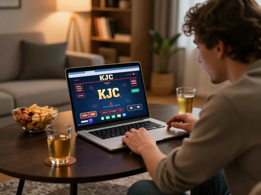 Engaged player using KJC online casino platform on laptop in cozy home setting
