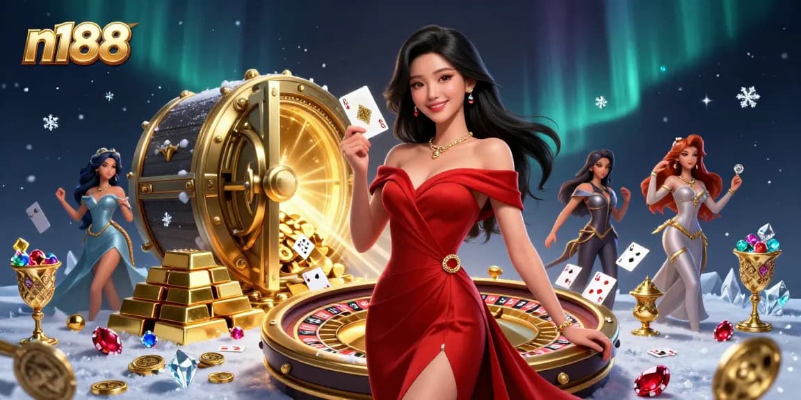 Experience the thrill of n188 casino with stunning visuals of live roulette, jewels, and a glamorous dealer.