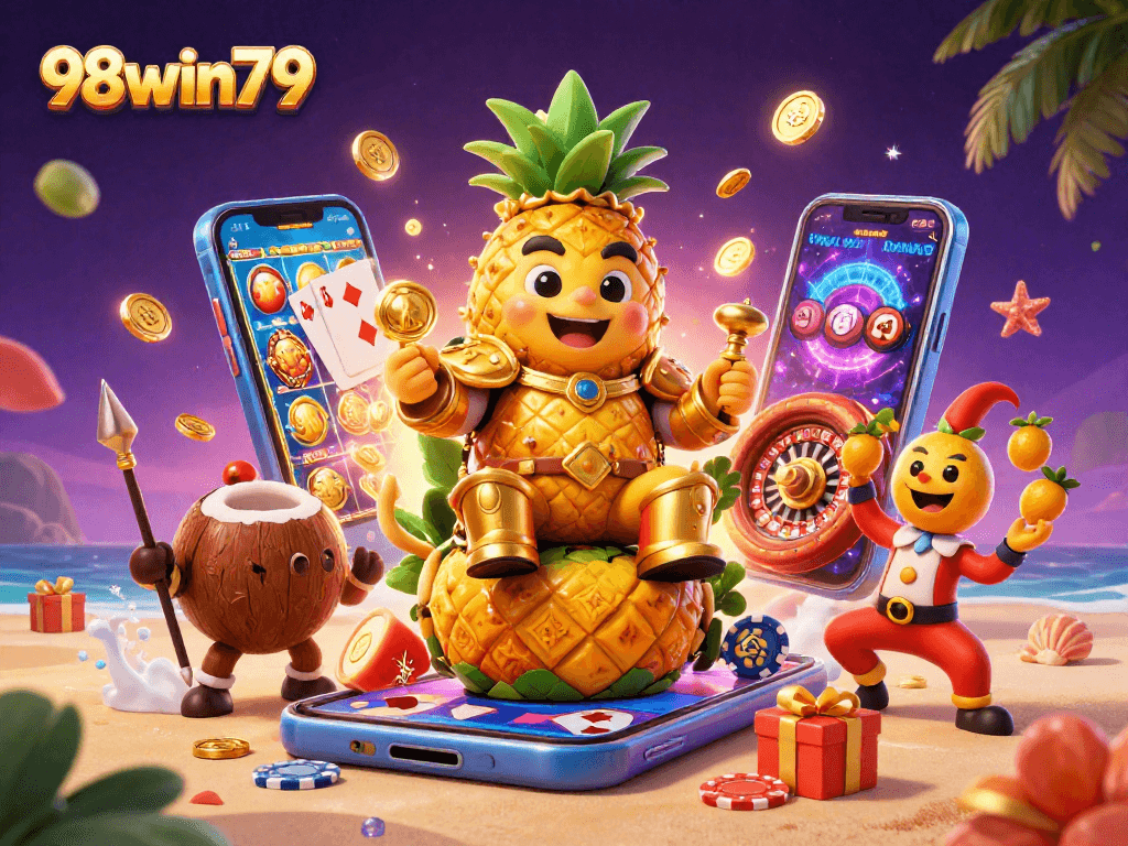 Play dynamic casino games at 98win79 with festive characters amidst vibrant slots and prizes.