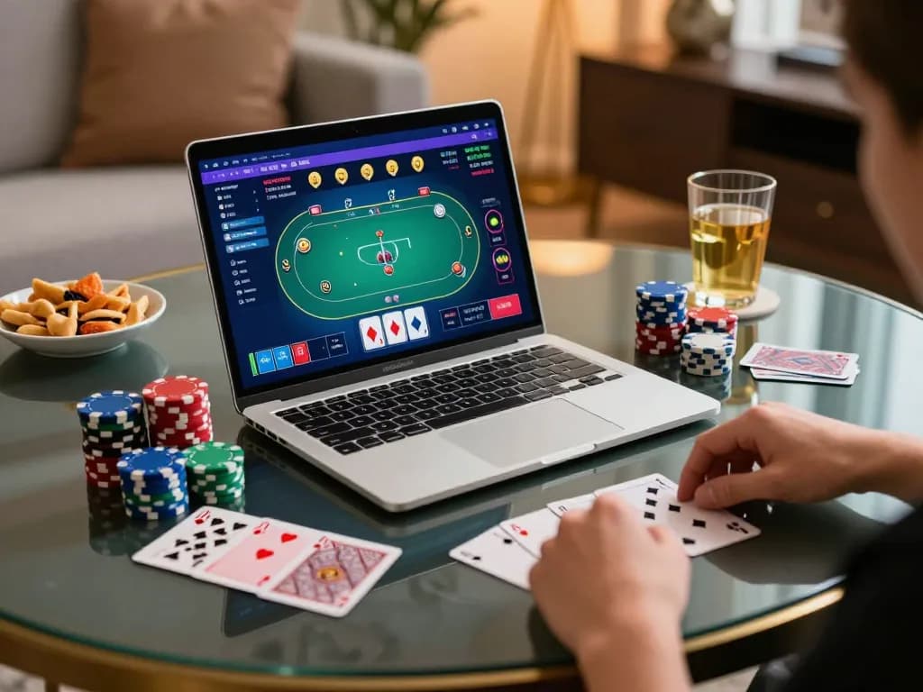 Player strategies at fabet online poker game, showcasing vibrant action with cards and chips