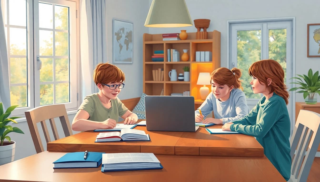 Familie beim Heimunterricht in ihrem gemütlichen Wohnzimmer mit Lernmaterialien.