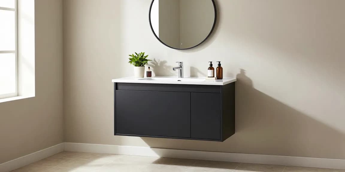 Stijlvol zwart badkamer kastje met moderne wastafel en accessoires in een elegante badkameromgeving