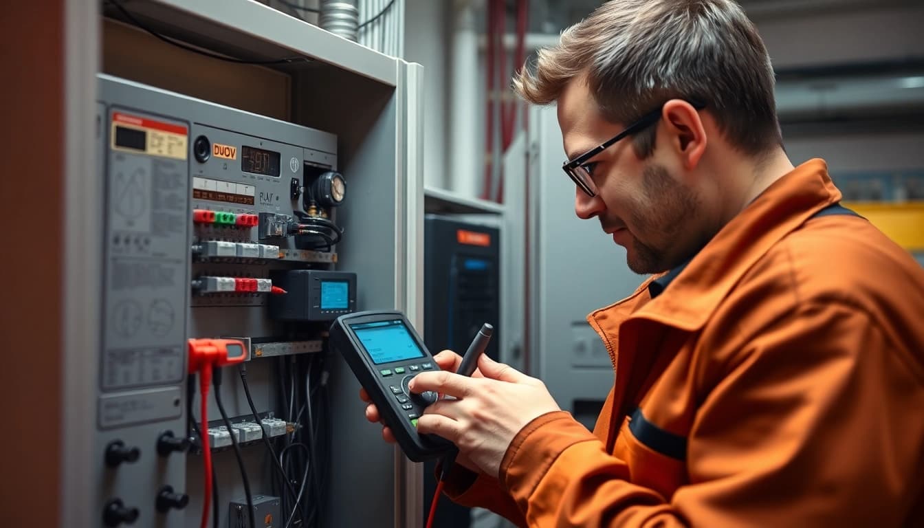 Technician conducting a DGUV V3 Prüfung to ensure electrical safety in a workplace.