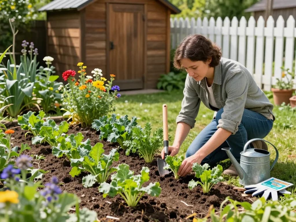 Lauchpflanzen being planted in a sunny garden by a gardener.