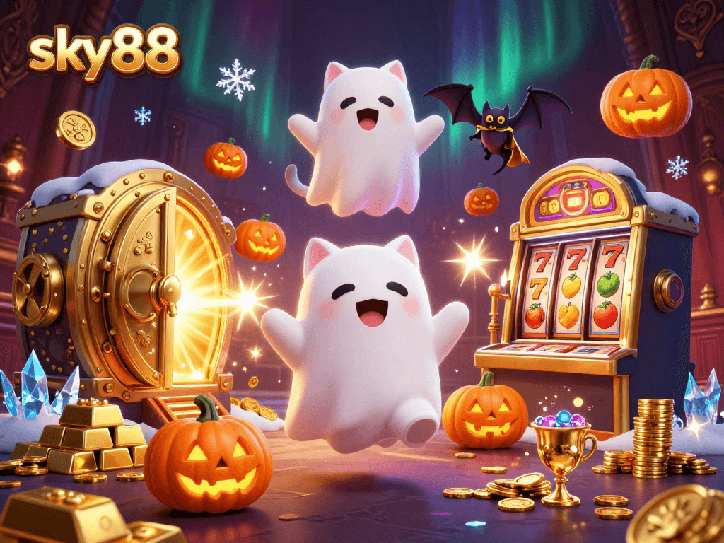 Sky88's ghost cat and vampire bat explore a haunted casino filled with treasures.