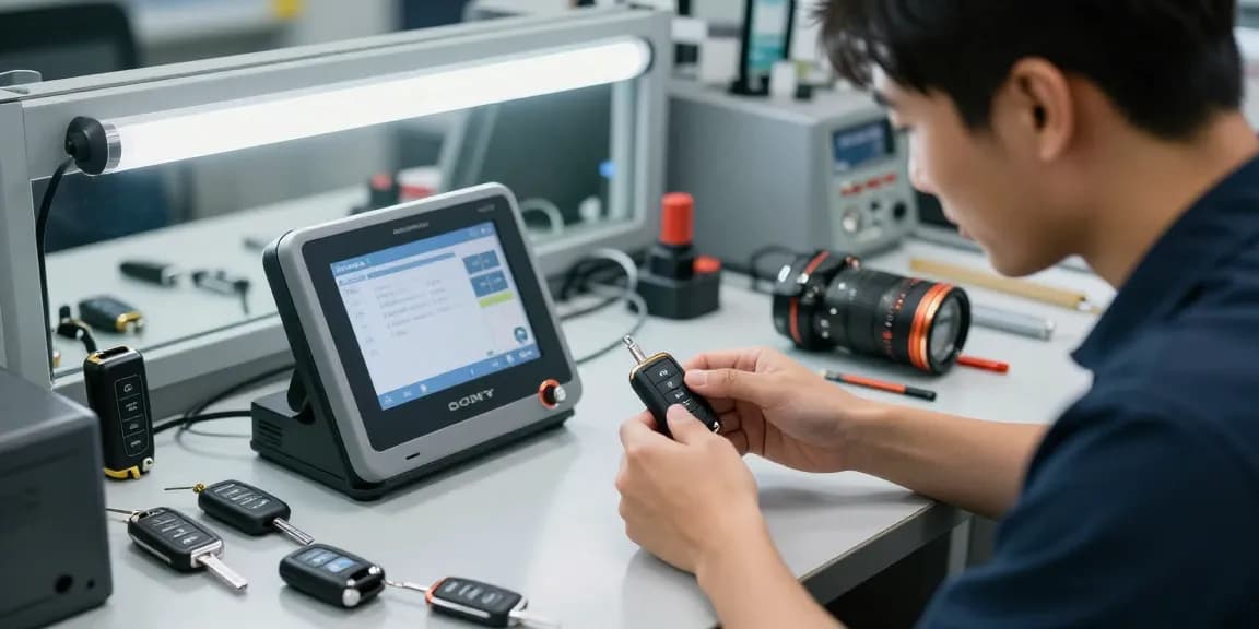 Verborgene Gefahren: Techniker programmiert Autoschlüssel in einer modernen Werkstatt
