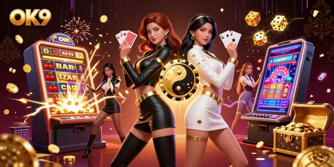 Experience thrilling gameplay at OK9 with striking visuals of twin Asian women showcasing casino elements.