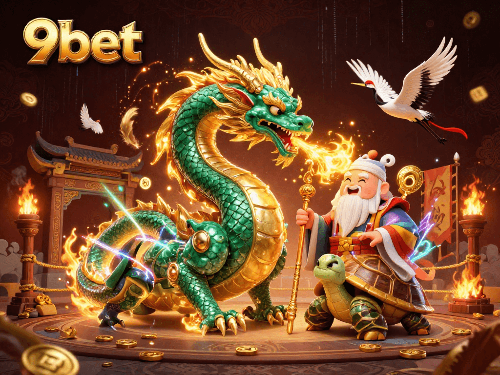 Engage with the vibrant world of 9bet, featuring a dragon and turtle sage amidst gold coins and energy.