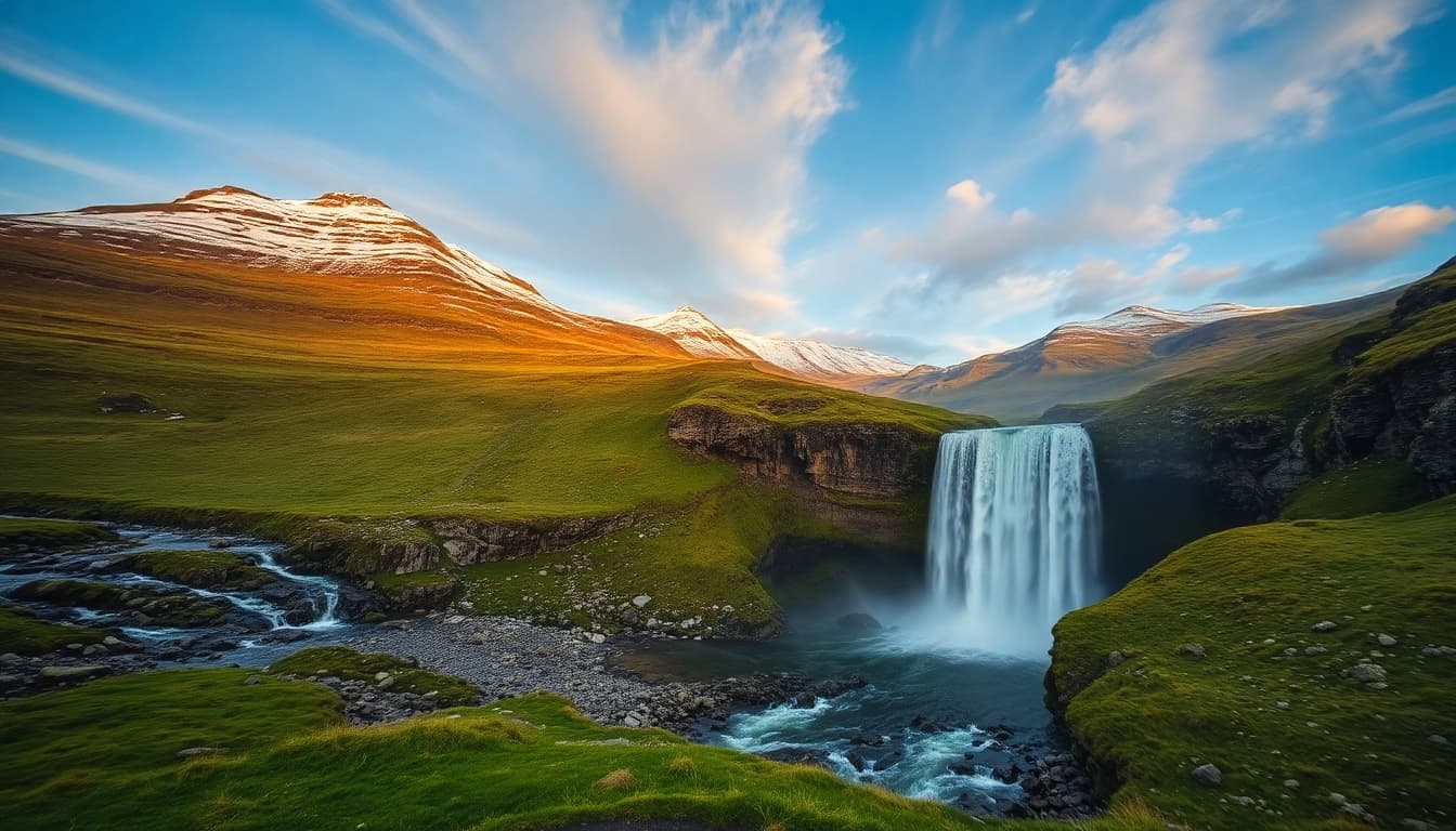 Zauberhafte Landschaft bei einer Reise nach Island: Wasserfall umgeben von Bergen und grünen Wiesen in der Abendsonne.