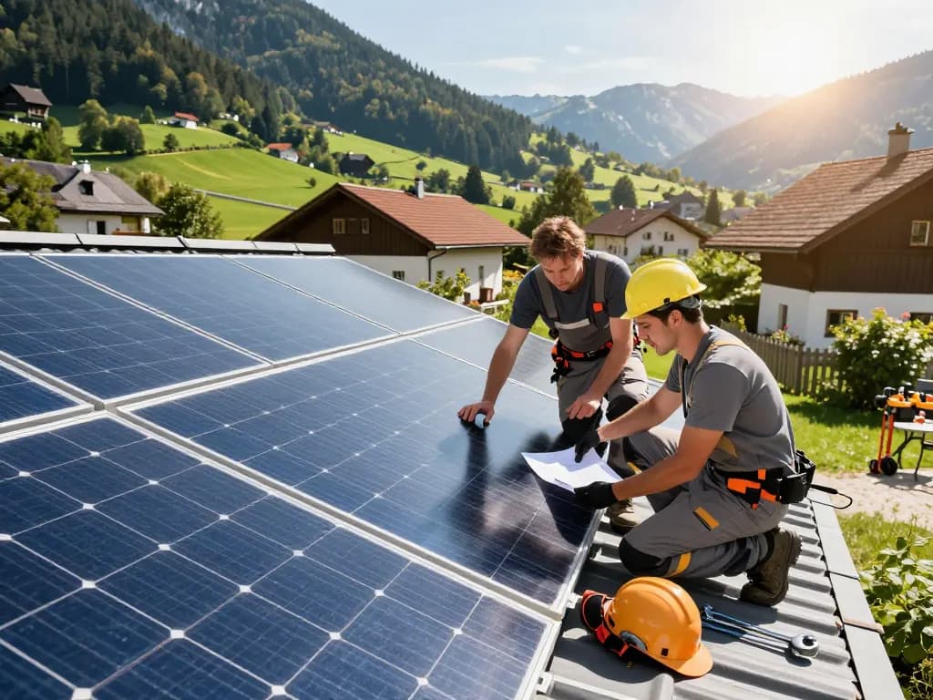 Photovoltaik Bayern Installation in einem bayerischen Garten mit Technikern und Solarpanelen im Sonnenlicht.