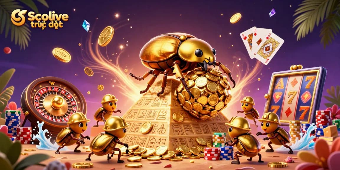 Socolive trực tiếp showcases a thrilling cartoon scene with golden beetles and cascading coins