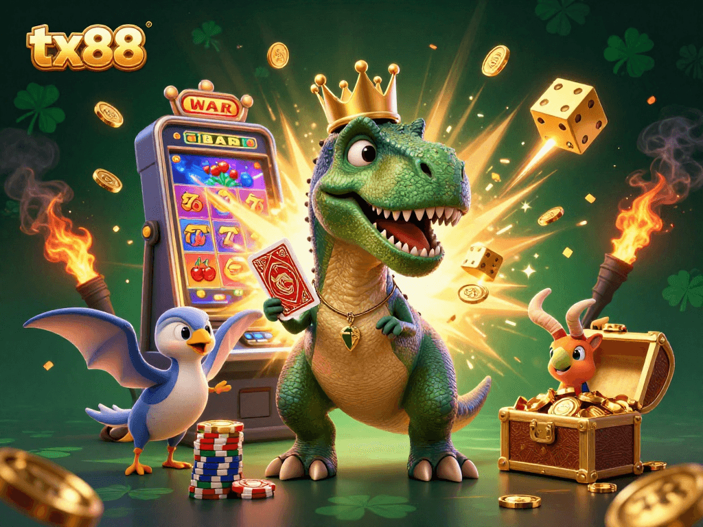 tx88 slots scene featuring T-Rex and friends shuffling cards and stacking chips.