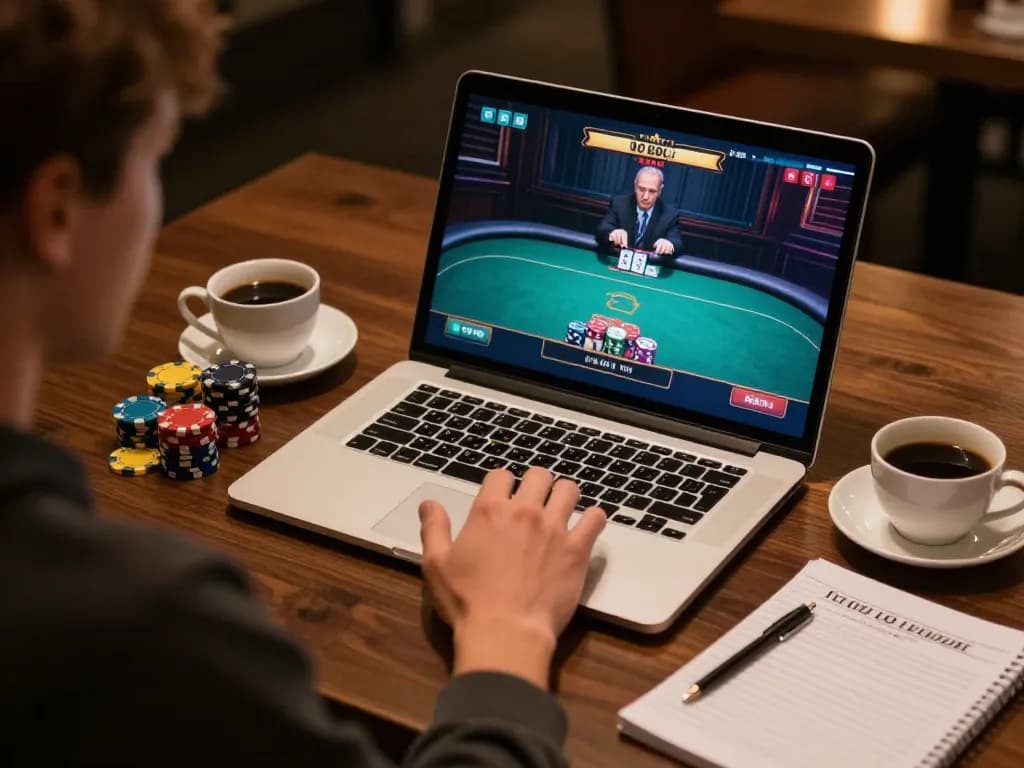 Engaged player at go8casino strategizing during an online poker game, showcasing chips and notes.
