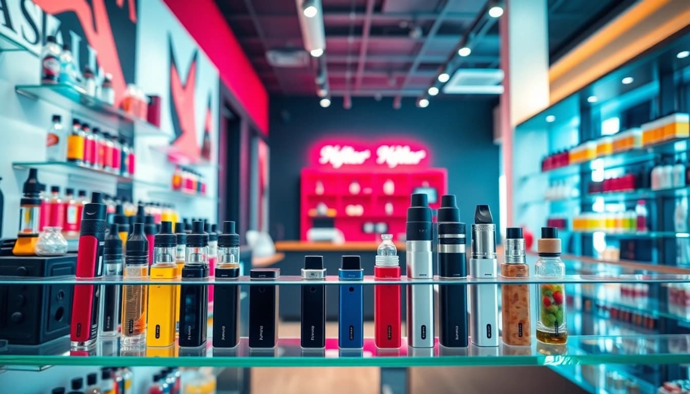 Vape store showcasing hqd surv devices and vibrant e-liquids in a trendy setting.