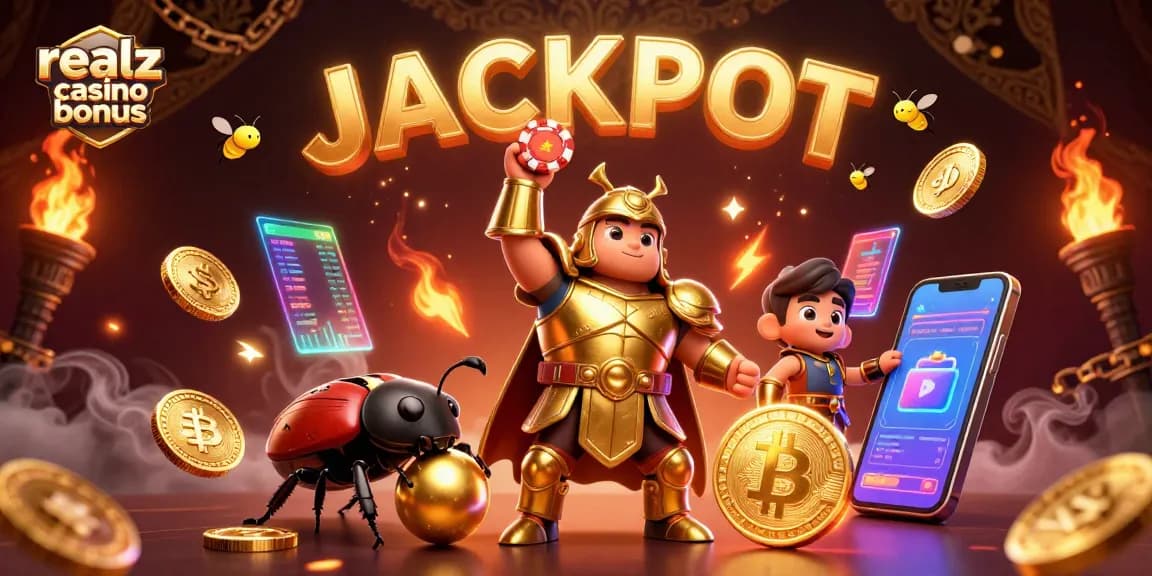 Erlebe den realz casino bonus mit einem 3D-Herculeskäfer in goldener Rüstung, der einen Pokerchip triumphierend hochhält.