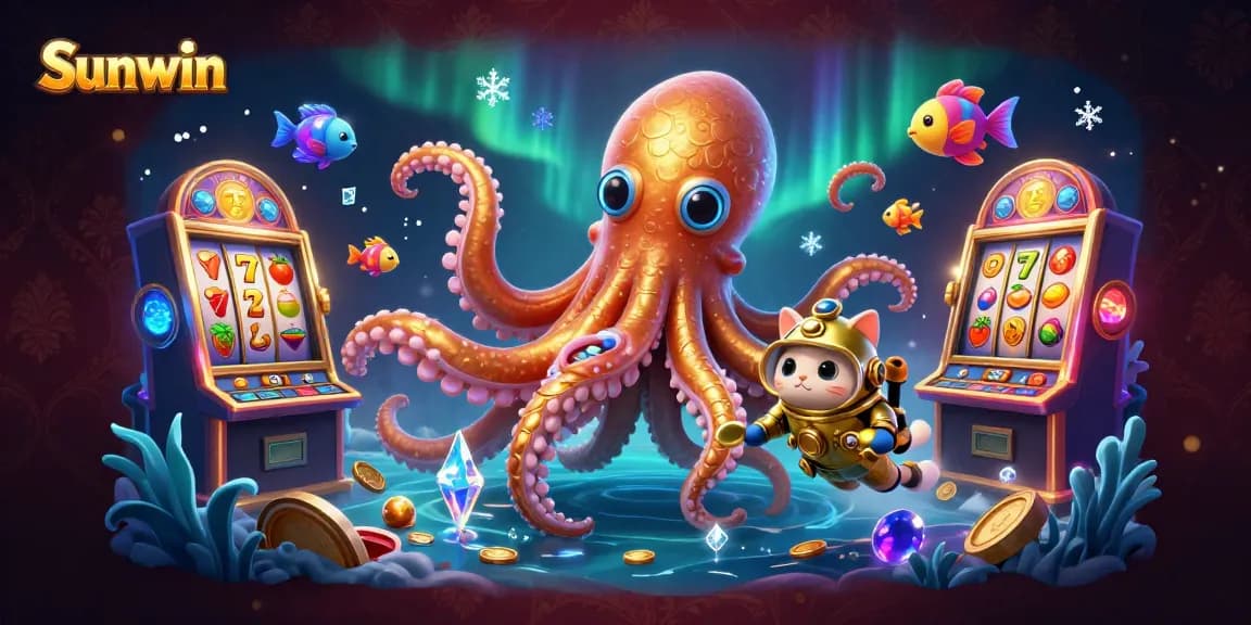 Engage with Sunwin's thrilling slot games featuring a kraken, diving cat, and vibrant gaming elements.