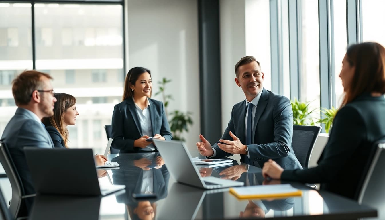 Headhunter Schweiz interagiert professionell mit Klienten in einem modernen Büro.