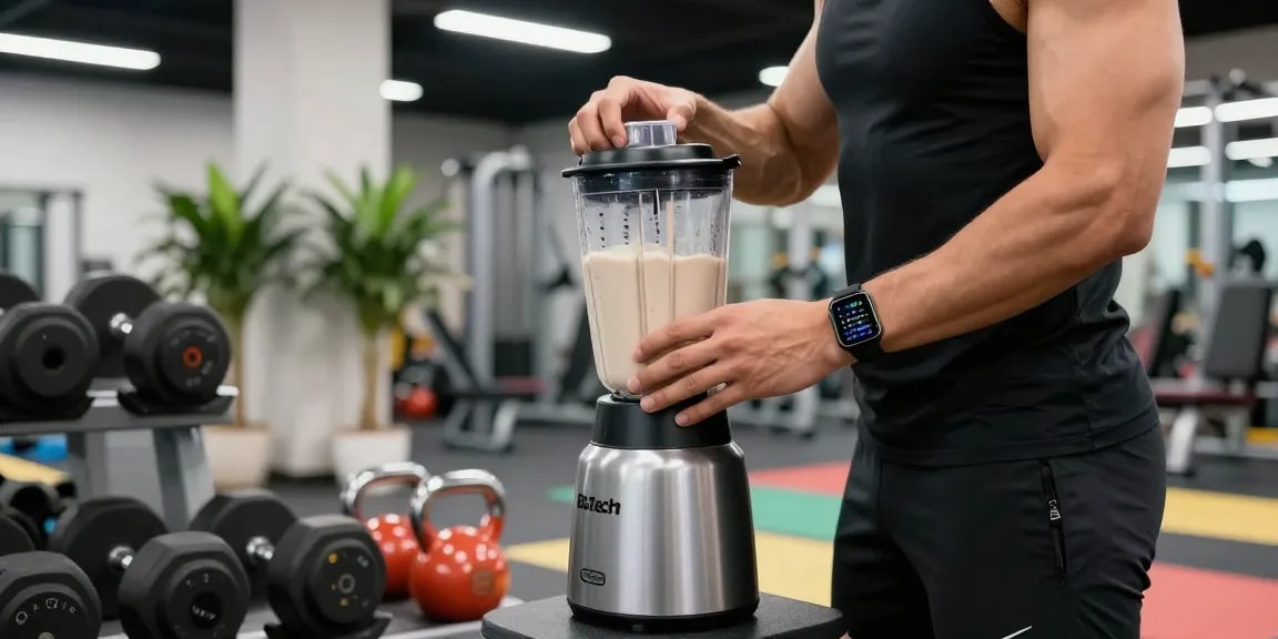 Mixing BioTech 100% Pure Whey 1000g in a blender at a modern gym, showcasing fitness dedication.