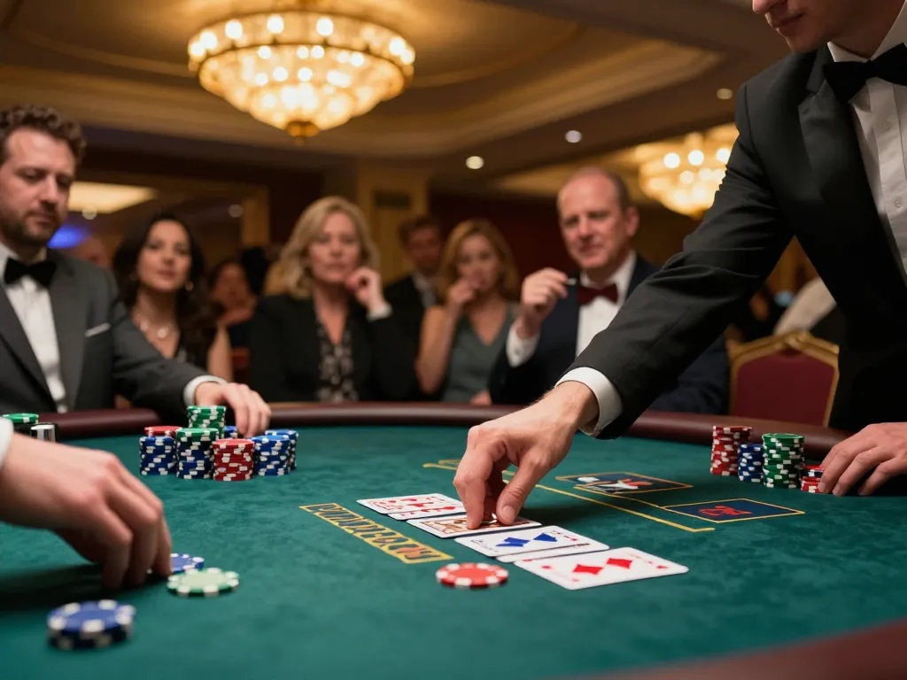 MB66 players enjoying an exciting blackjack experience with chips stacked and cards in play at a vibrant casino.
