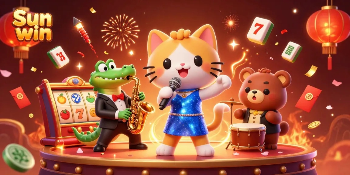 Experience the thrill of Sun win as jazz-singer cat, saxophonist crocodile, and bear drummer perform on a vibrant casino stage.