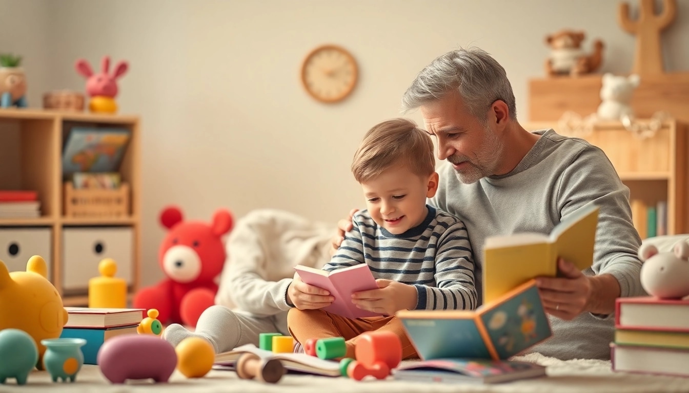 Kindererziehung: Ein Elternteil spielt geduldig mit seinem Kind in einer farbenfrohen Umgebung.