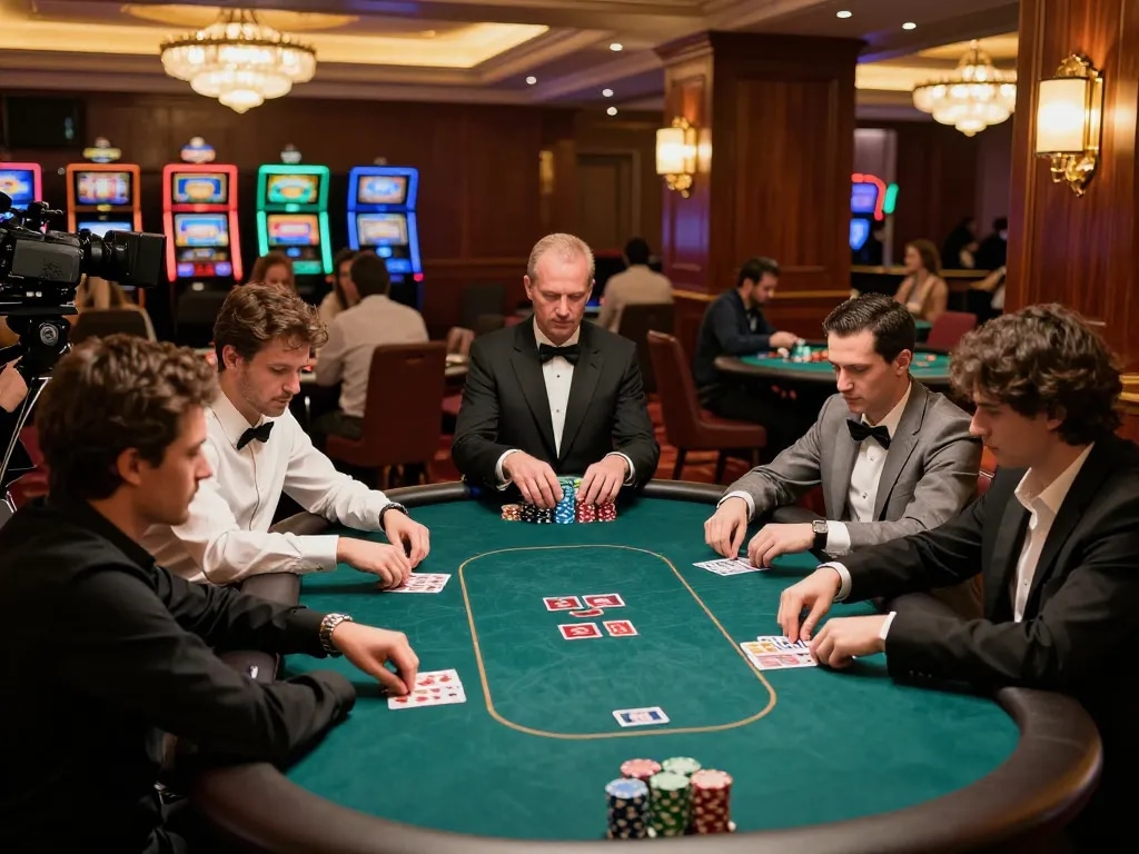 Go8 players strategizing intensely during a high-stakes poker game in a luxurious casino